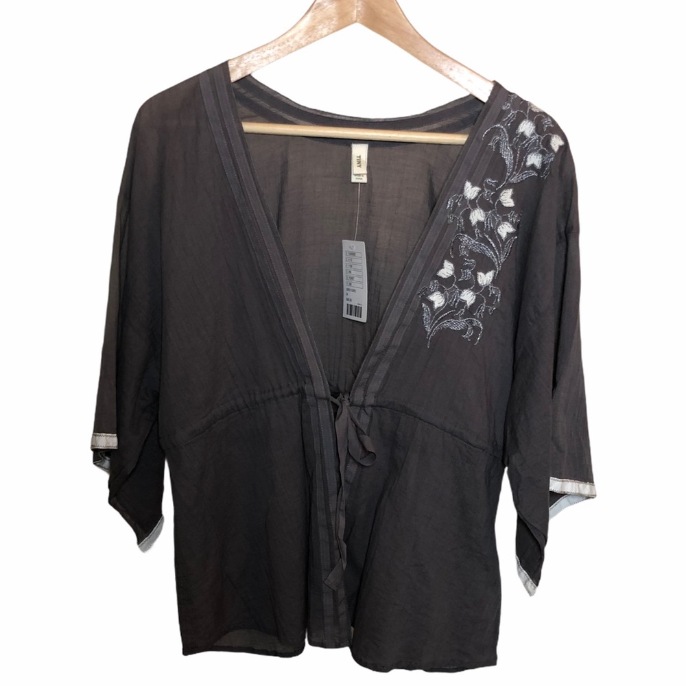 Anthropologie Tiny Front Tie Top Grey Embroidery M